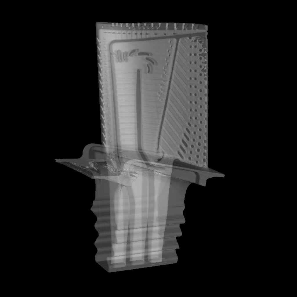A see through scan of a titanium turbine blade