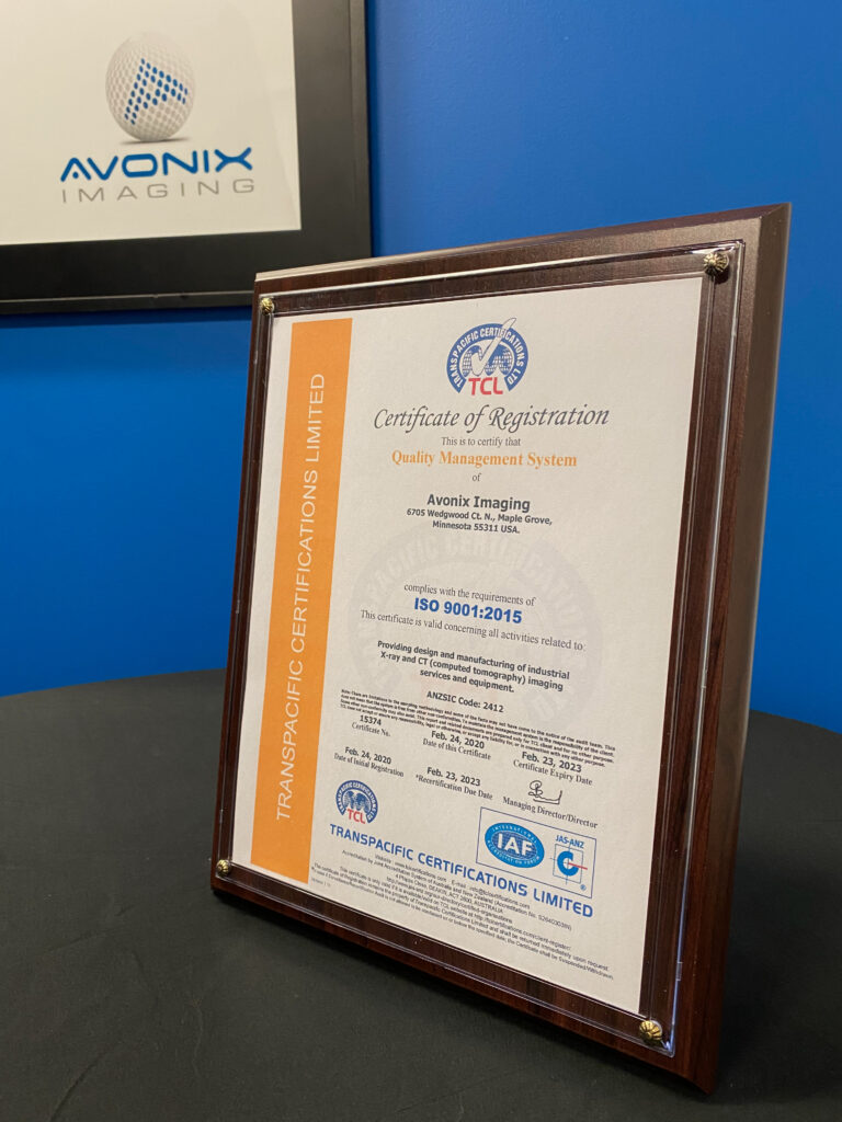 Avonix Imaging ISO 9001:2015 Plaque