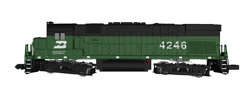 Green model train - side view.