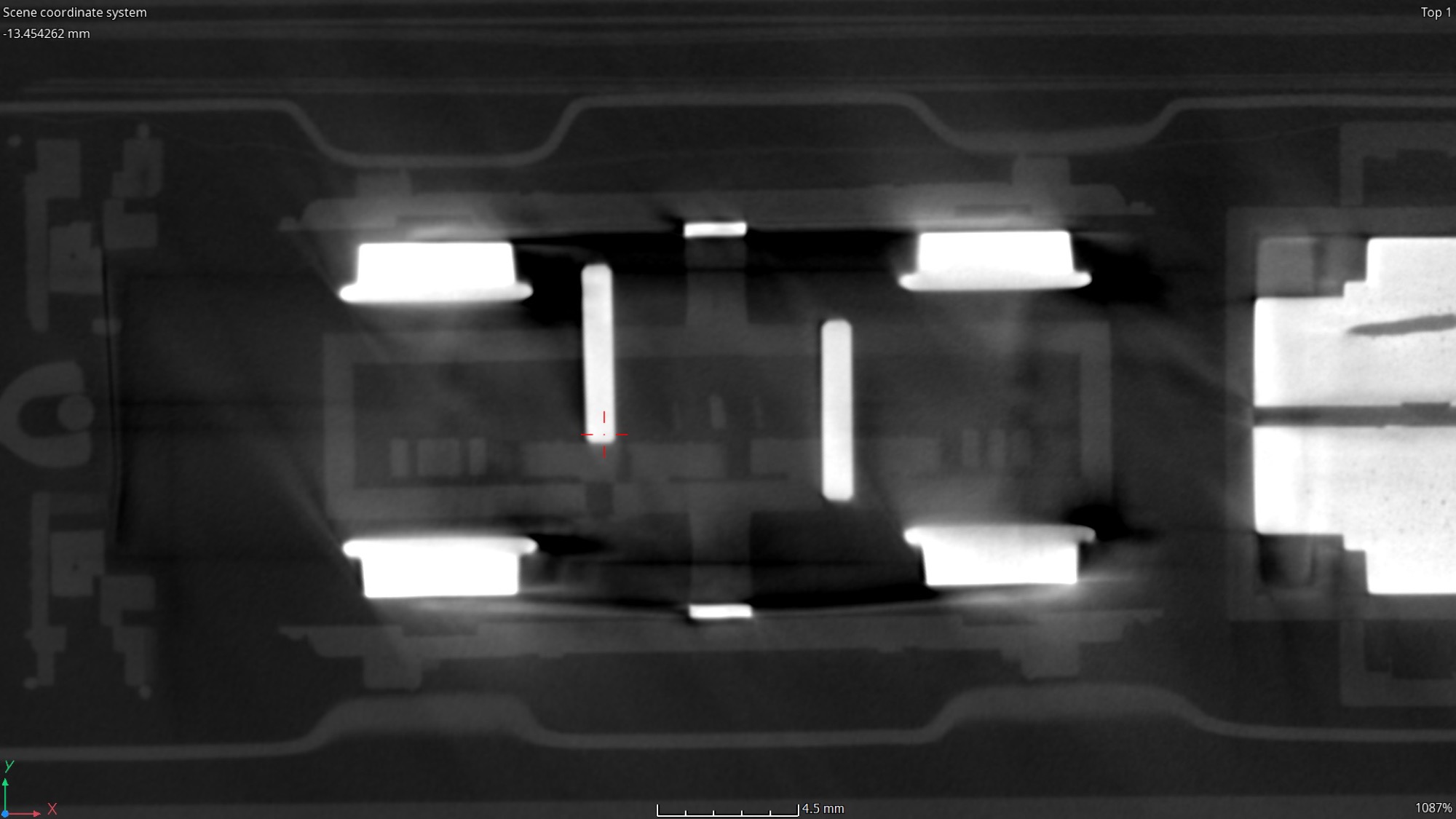 A scan showing a misalignment of the internal pins in a model train